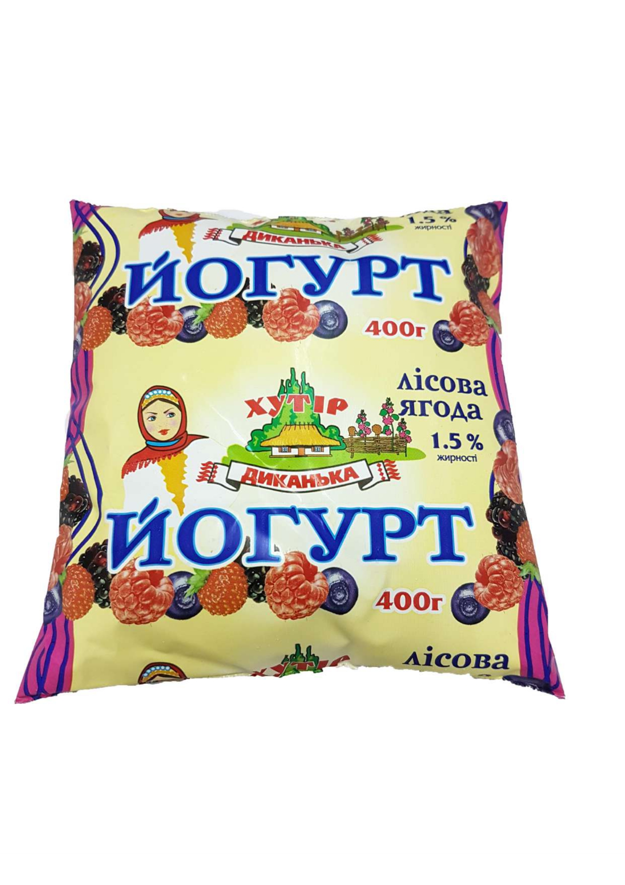 Йогурт питний пастеризований нетермізований з плодово-ягідним наповнювачем «Лісова ягода» 1.5% жирності, ТМ «Хутір Диканька», 400 г поліетиленова упаковка